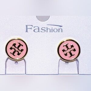 Tory Burch Pink and Gold Logo Earrings